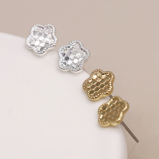 POM Silver plated and golden textured flower stud earrings