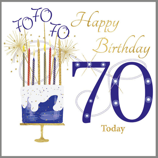 Blue Cake And Candles 70th Birthday Card