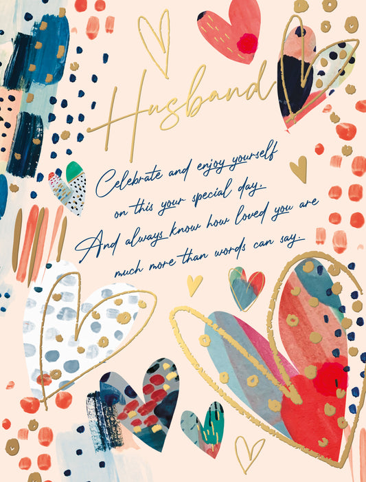 Watercolour Hearts Husband Birthday Card