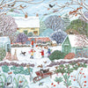 Snowy Garden Robin On Handle, Kids Building Snowman Christmas Card