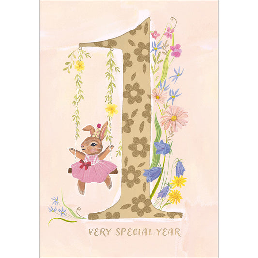 Bunny Flowers 1st Birthday Card