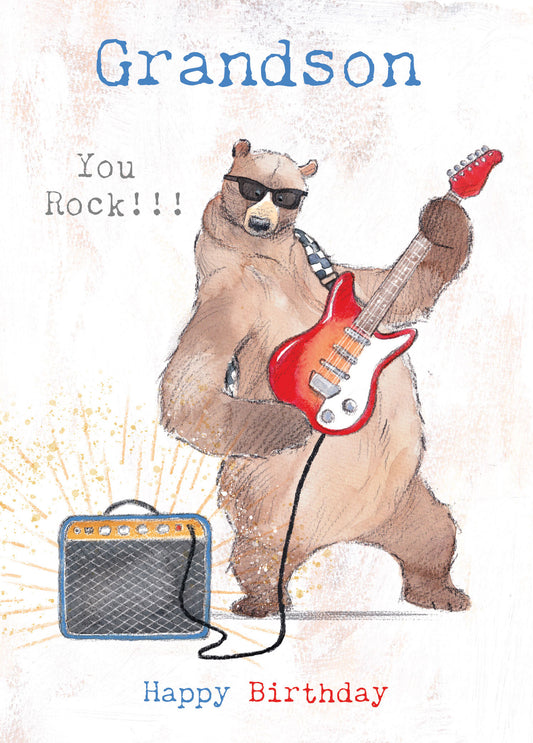 Bear Playing Guitar Grandson Birthday Card