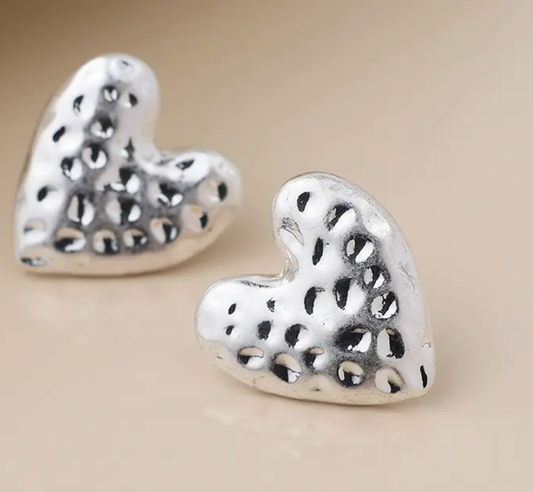 POM Silver Plated Hammered Heart Earrings