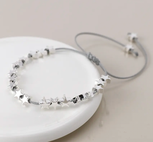 POM Silver Plated Stars Grey Cord Bracelet